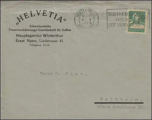Tell mit Armbrust 10 C EF Brief Feuerversicherung WINTERTHUR Telefonieren 4.9.23