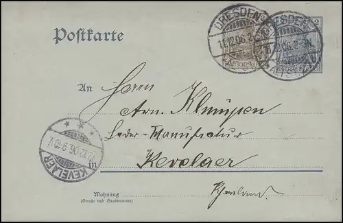 Postkarte P 70X Germania 3+2 Pf. DRESDEN-ALTSTADT 27b - 11.12.06 nach KEVELAER