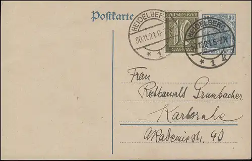 Postkarte P 120AI Germania 30 Pf mit Ziffer 10 Pf. HEIDELBERG 7.7.1921