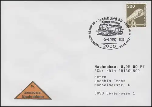 1138 Magnetbahn & Eisenbahn-Betriebswerk Hamburg, NN-Brief Hamburg SSt 5.4.2992