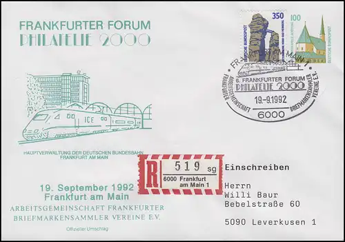 Privatumschlag Philatelie 2000 & Eisenbahn ICE,R-Post SSt Frankfurt/Main 19.9.92