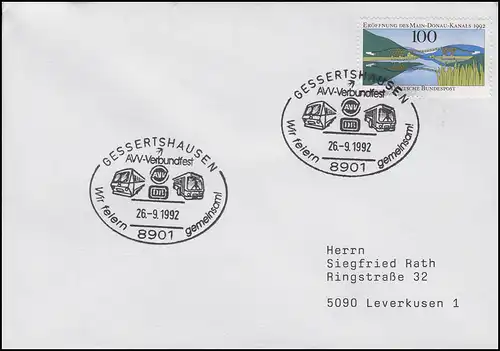 AVV-Verbundfest Eisenbahn & Straßenbahn, Brief SSt Gessertshausen 26.9.1992