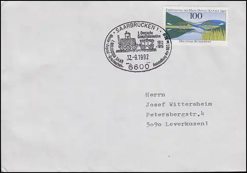 Locomotive à vapeur allemande, lettre SSt Sarrebruck Exposition 12.9.1992