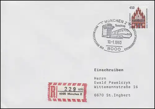 Eisenbahnerphilatelie & Bahnhof München und ICE, R-Brief SSt München 10.1.1993