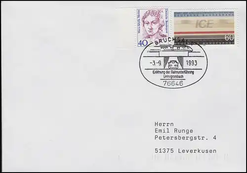 Eröffnung Bahnunterführung Untergrombach & ICE, Brief SSt Bruchsal 3.9.1993