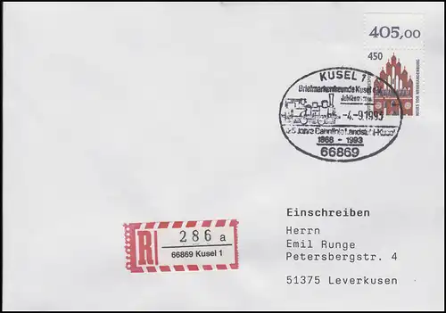 Chemin de fer Landstuhl-Kusel & Kampokk, R-Lettre SSt Kusel 4.9.1993