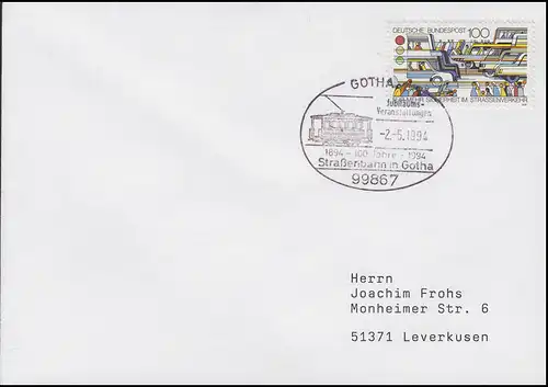 1554 Verkehrssicherheit & Straßenbahn in Gotha, Brief SSt Gotha 2.5.1994