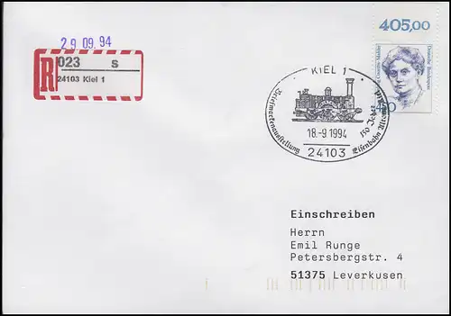 150 Jahre Eisenbahn Altona-Kiel & Dampflok, R-Brief SSt Kiel 18.9.1994