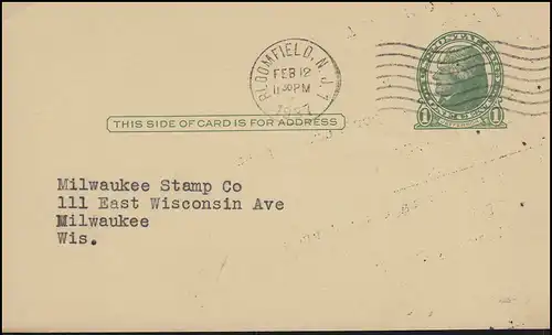 USA Ganzsache Postkarte 1 Cent Jefferson BLOOMFIELD N.J. 12.2.1937 n. Milwaukee