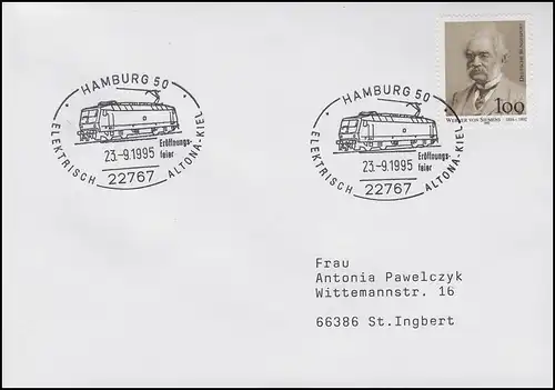 Fête d'ouverture Elektrisch Altona-Kiel & E-Lok, Lettre SSt Hamburg 23.9.1995
