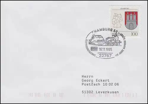 100 Jahre Bahnhof Altona & ICE & Dampflok, Brief SSt Hamburg 16.11.1995