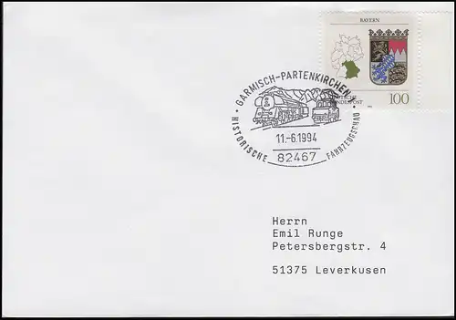 Historische Fahrzeugschau Eisenbahnen,Brief SSt Garmisch-Partenkirchen 11.6.1994
