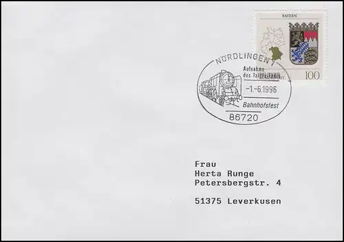Aufnahme des Eisenbahn-Taktverkehrs, Brief SSt Nördlingen Bahnhofsfest 1.6.1996