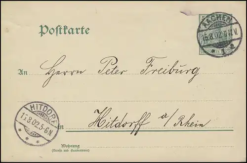 Carte postale P 64X Germania 5 Pf. AACHEN 1a 15.8.02 vers HITDORF 15.8.2.02