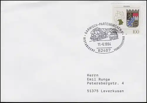 Historische Fahrzeugschau Eisenbahnen,Brief SSt Garmisch-Partenkirchen 11.6.1994