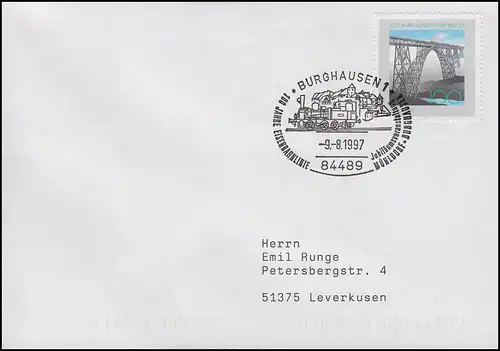 Müngstener Brücke & Eisenbahn Mühldorf-Burghausen, Brief SSt Burghausen 9.8.1997