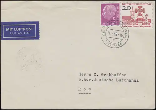 179 Heuss 5 Pf + Trier 20 Pf MiF Luftpostbrief FRANKFURT / FLUGHAFEN 14.7.58