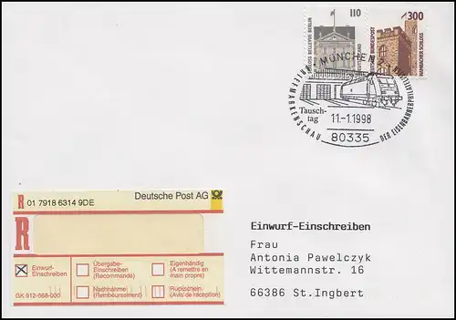 Eisenbahnphilatelie & E-Lok Depot München, R-Brief München 11.1.1998