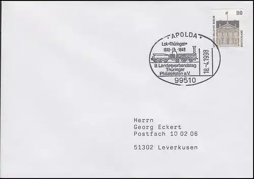 Dampflok Thüringen & LV-Tagung, Brief SSt Apolda 18.4.1998 