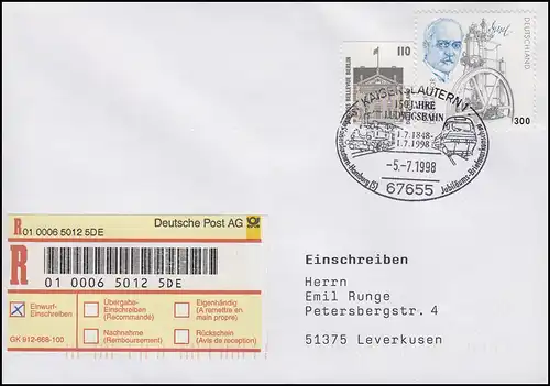 Ludwigsbahn Kaiserslautern-Homburg & Dampflok, R-Brief Kaiserslautern 5.7.1998