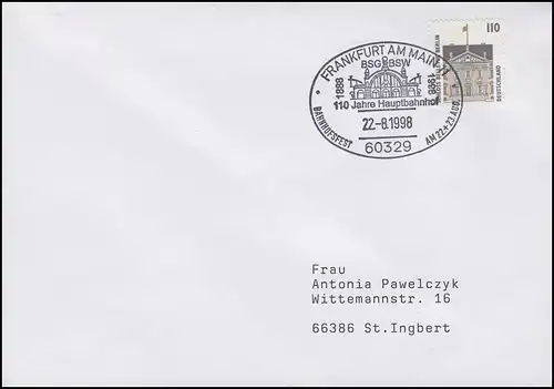 110 ans de gare centrale de Francfort-sur-le-Main, lettre SSt Francfort/Main 22.8.1989