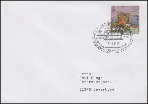 125 ans de chemin de fer à Hoyerswerda, lettre SSt Hoyensverda Bahnhofsbau 5.9.1998