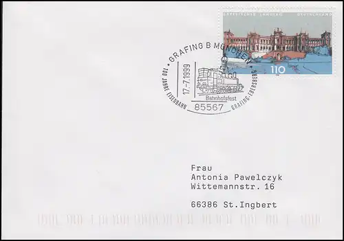 100 Jahre Eisenbahn Grafing-Ebersberg, Brief SSt Grafing bei München 17.7.1999