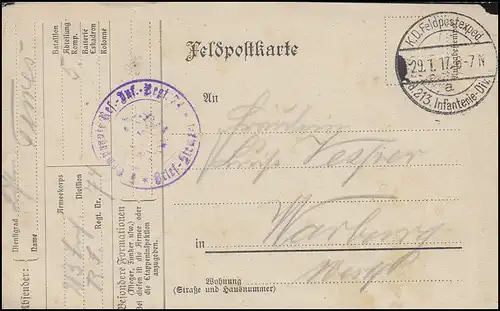 Feldpostkarte K.D. Feldpostexp. der 213. Infanterie-Division 29.1.17 n. Warburg