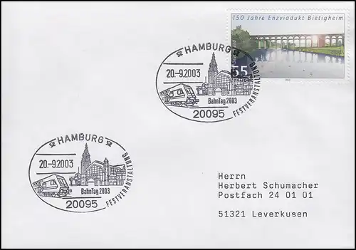 Bahntag Gare Hamburg & Enzviaduct Bietigheim, Brief SSt Hamburg 20.9.2003