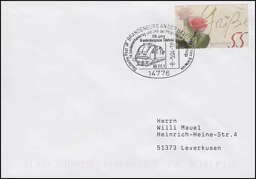 100 Jahre Brandenburgische Städtebahn, Brief SSt Brandenburg / Havel 9.5.2004