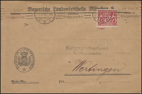Bayern: 27 Dienst 15 Pf EF Brief Landesfettstelle MÜNCHEN 5.10.18 nach Wertingen