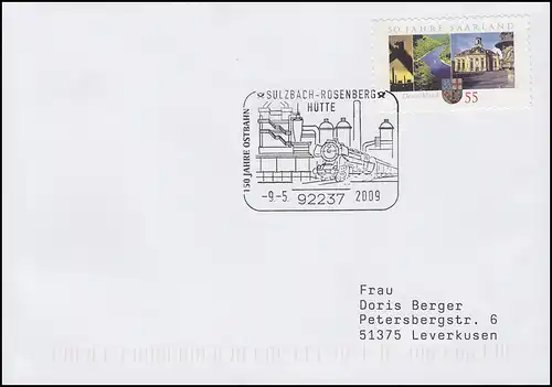 150 Jahre Ostbahn & Dampflok, Brief SSt Sulzbach-Rosenberg Hütte 9.5.2009