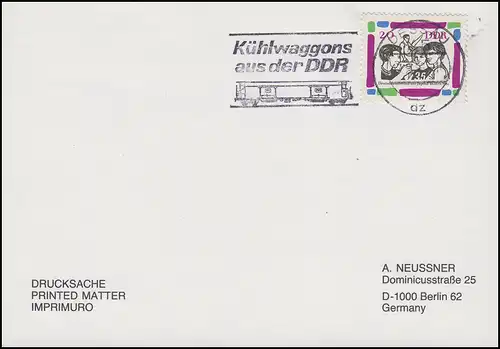 Kühlwaggons aus der DDR, EF 1023 auf Karte Werbestempel Dessau 17.2.86