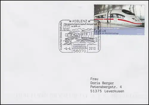 ARGE Bahnpost Eisenbahn Dampflok & ICE, Brief SSt Koblenz 4.4.2010