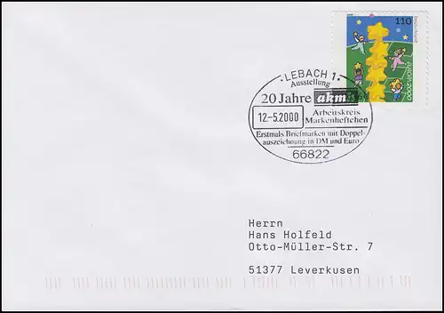 2114 Europe, EF FDC ESSt Lebach Double monnaie DM & Euro 20 ans akmh 12.5.00