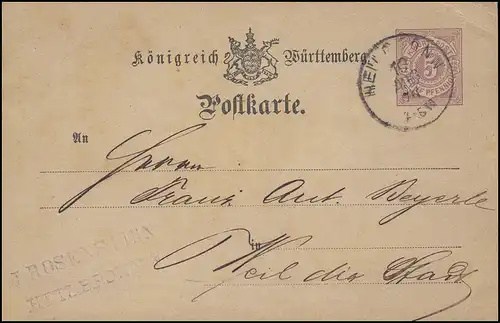 Carte postale P 22, par. 5 pf. lilas, HEILBRRONN 10.8.79 par WEILL D. VADT 11.8.