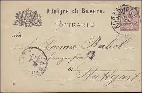 Bayern Postkarte P 30 Ziffer 5 Pf. lila mit DV 88, Einkreis-O AUGSBURG 23.7.1888