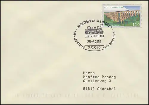 LOKOMOTIVE ALB Geislinger Steige, Brief SSt Geislingen an der Steige 29.6.2000