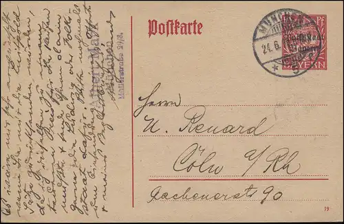 Carte postale P 104 Volksstaat Bayern MÜNCHEN 24.6.1919 vers Cöln/Kölin