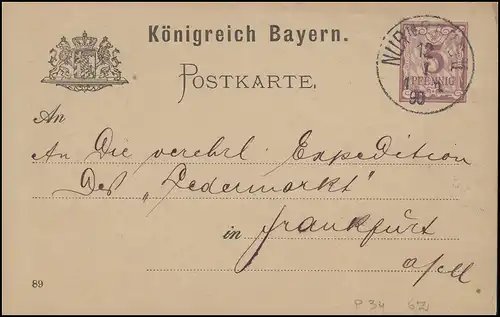 Bayern P 34/05z, point 5 Pf. lila DV: 89, NÜRNBERG II. 12.1.90 vers Francfort