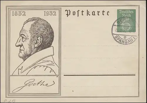 Carte postale P 213 Goethe 6 Pf. vert, temple blanc BERLIN-SPADAU 30.8.32