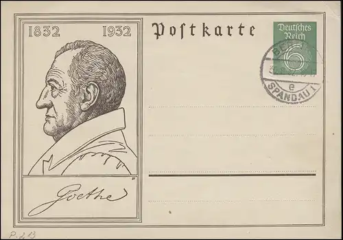 Postkarte P 213 Goethe 6 Pf. grün, Blanko-Stempel BERLIN-SPANDAU 30.8.32