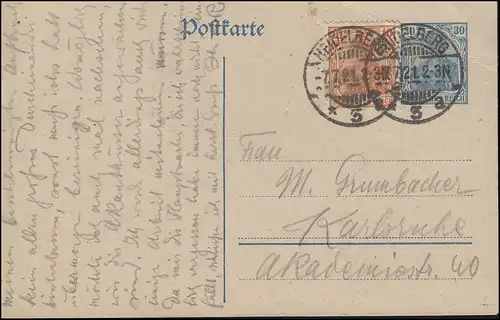 Carte postale P 120AI Germania 30 Pf avec Germania 10 Pfe. HEIDELBERG 7.7.1921