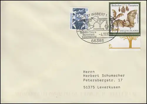 2086 Bedrohte Tierarten Fledermäuse, MiF FDC ESSt St. Ingbert Fledermaus 4.11.99