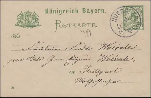 Carte postale P 50/01, point Wz.5 DV 00, NUernBERG 13-12.10.1900 vers Stuttgart