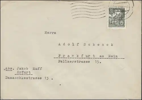 413 Fünfjahrplan 20 Pf Buchdruck EF auf Brief ERFURT 31.1.55 nach Frankfurt/Main