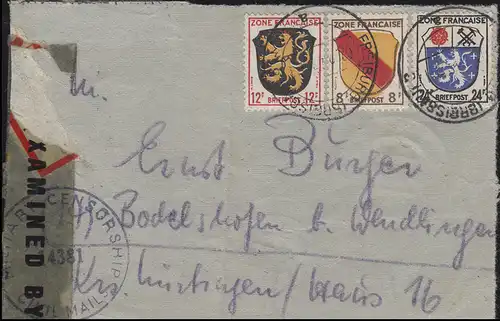 Franz. Zone Allgemein Zensur MiF 4+6+9 Wappen Bf. Freiburg 2.2.46 n. Wendlingen