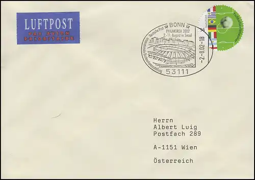 2258 Fußballweltmeister, EF als runde Marke Brief SSt Bonn PHILAKOREA 2.8.2002