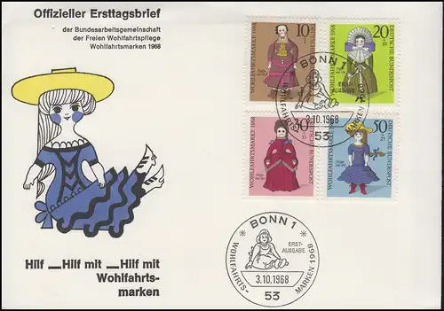 571-574 Wofa: Historische Puppen, Satz auf Schmuck-FDC ESSt Bonn 3.10.1968