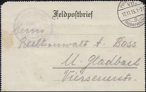 Feldpost-Kartenbrief Fernsprech-Abt. FELDPOST c - VII. Reservekorps 17.11.15